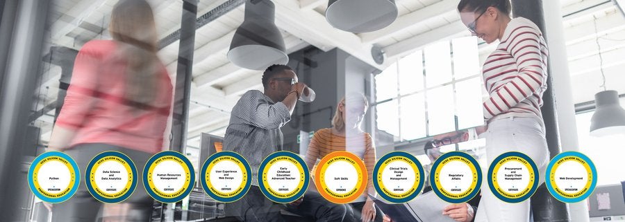 Image of professionals at work and numerous examples of digi