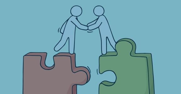 Illustration two people standing on read and green puzzle pi